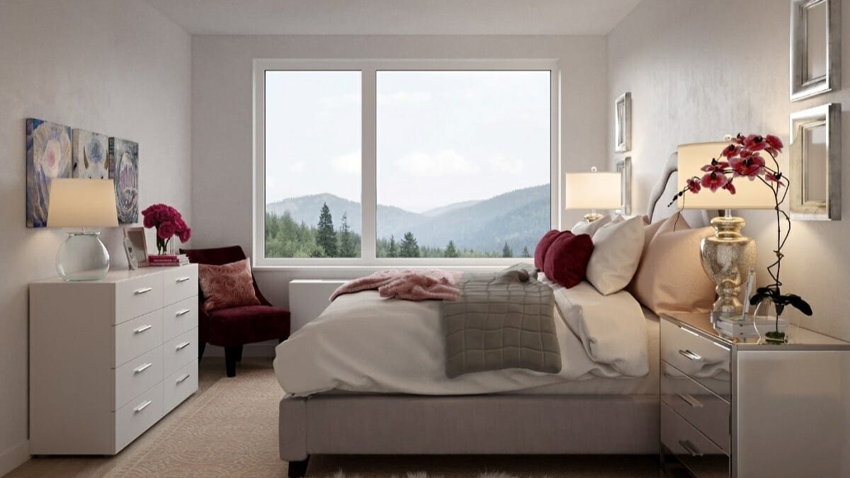 Thiết kế phòng ngủ đẹp với chi tiết màu đỏ tía sang trọng.

Nguồn: Decorilla