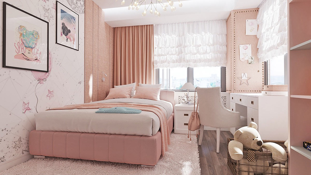 Phòng ngủ với thiết kế màu hồng trẻ trung, duyên dáng. Nguồn: House Designing