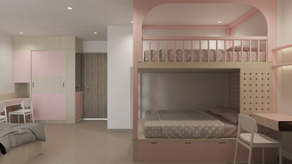 Phòng ngủ màu hồng dễ thương cho phong cách đơn giản. Nguồn: dghome