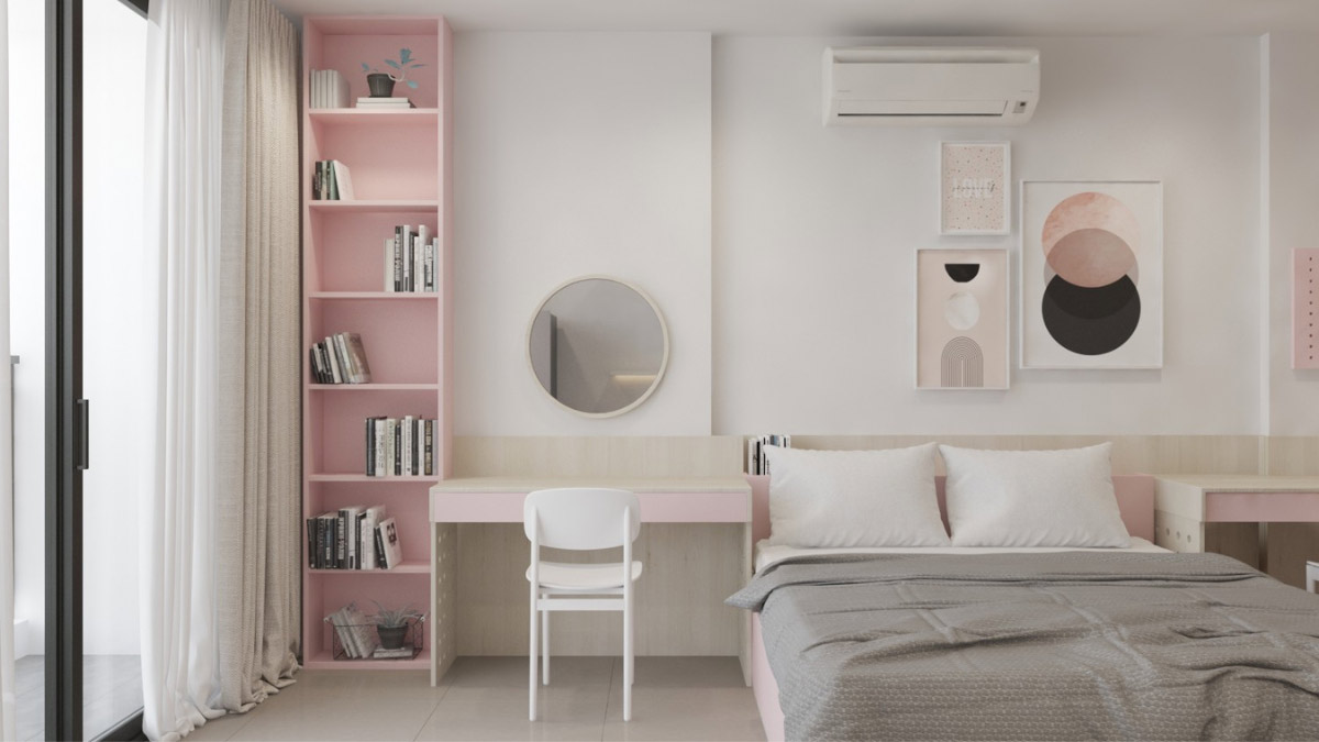 Phòng ngủ màu hồng kết hợp với họa tiết đơn giản, nổi bật. Nguồn: dghome