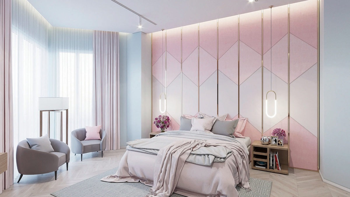 Phòng ngủ màu hồng kết hợp tone xám trắng. Nguồn: House Designing