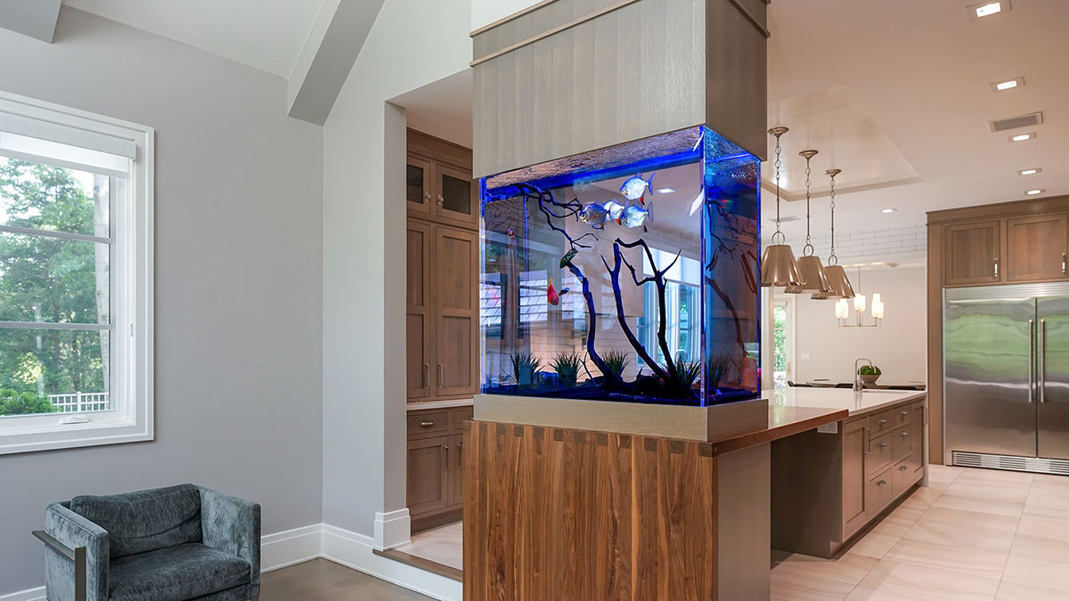 Có nhiều vị trí đặt bể cá ở phòng khách để bạn lựa chọn. Nguồn: aquacustomfishtanks