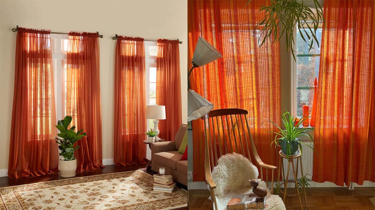 Rèm cửa màu cam ton-sur-ton với thảm và nền. Nguồn: brylanehome & FBQueen