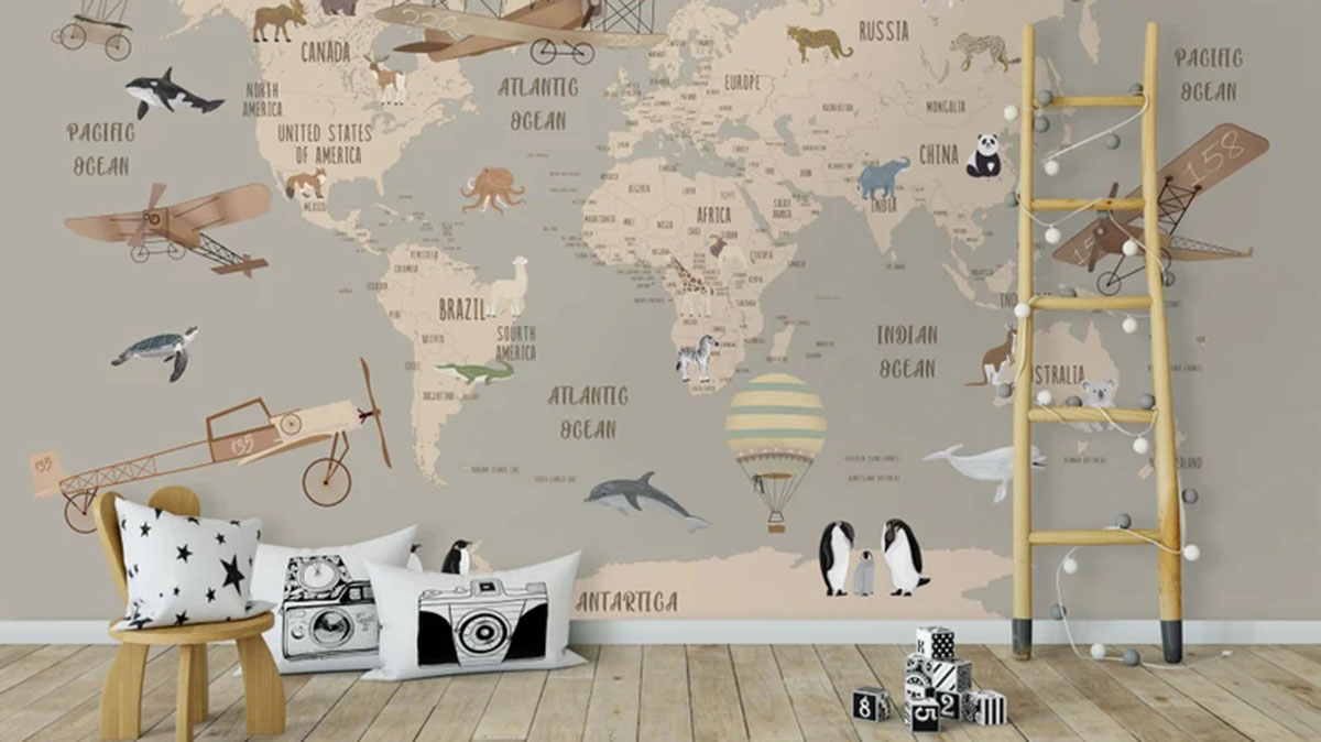 Trang trí nội thất bằng giấy dán tường hình bản đồ thế giới.

Nguồn: etsy.com