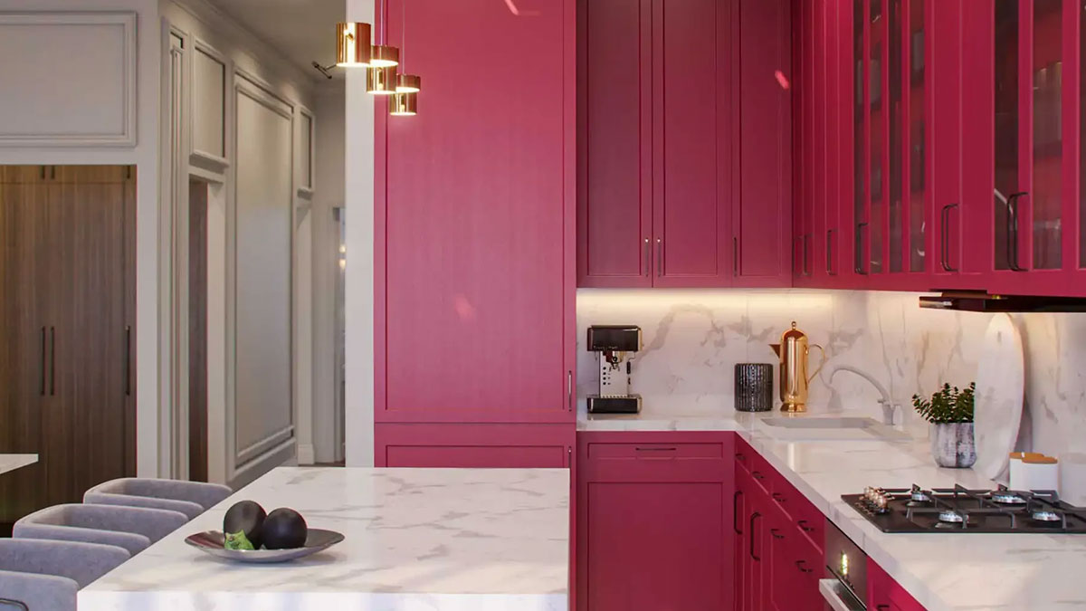 Hệ tủ bếp với tone màu rực rỡ. Nguồn: Viscato