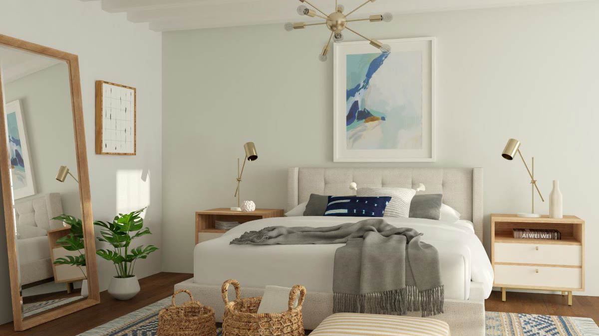 Thiết kế nội thất phòng ngủ phong cách Coastal. Nguồn: Modsy
