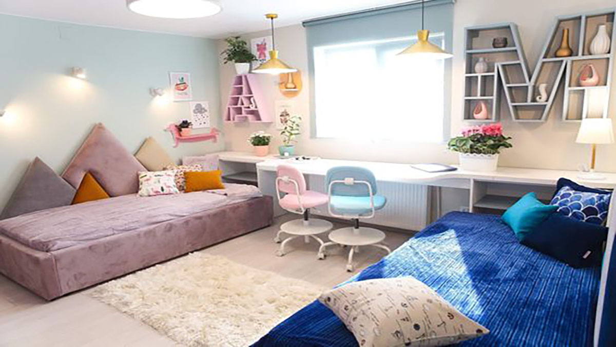 Thiết kế phòng ngủ chung cho bé trai và gái.

Nguồn: Pinterest
