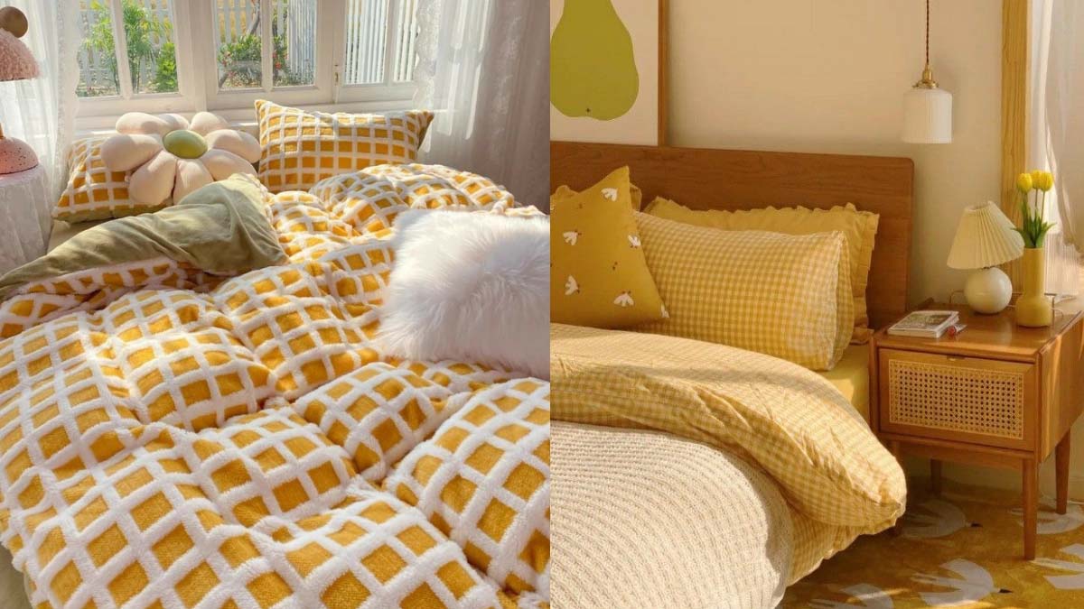 Bộ ga giường màu vàng làm sáng căn phòng. Pinterest