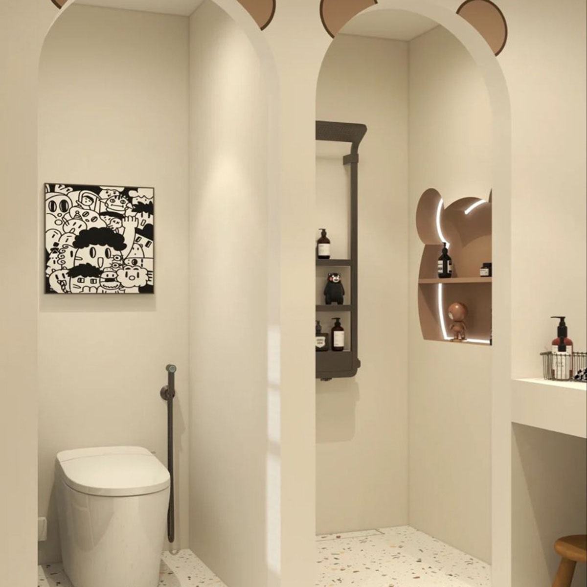 Thiết kế phòng tắm với hệ cửa phân chia phòng. Nguồn: Pinterest