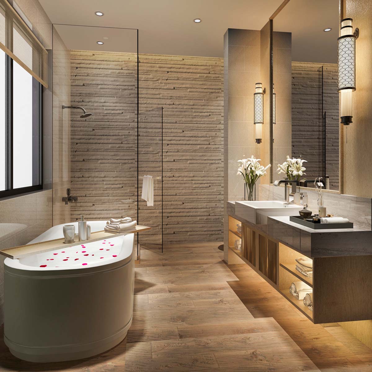 Thiết kế phòng tắm với sàn đá vân giả gỗ. Nguồn: Lisa Lewis