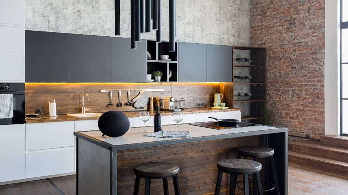 Phòng bếp hiện đại với mảng tường ốp đá và gạch. Nguồn: designcafe