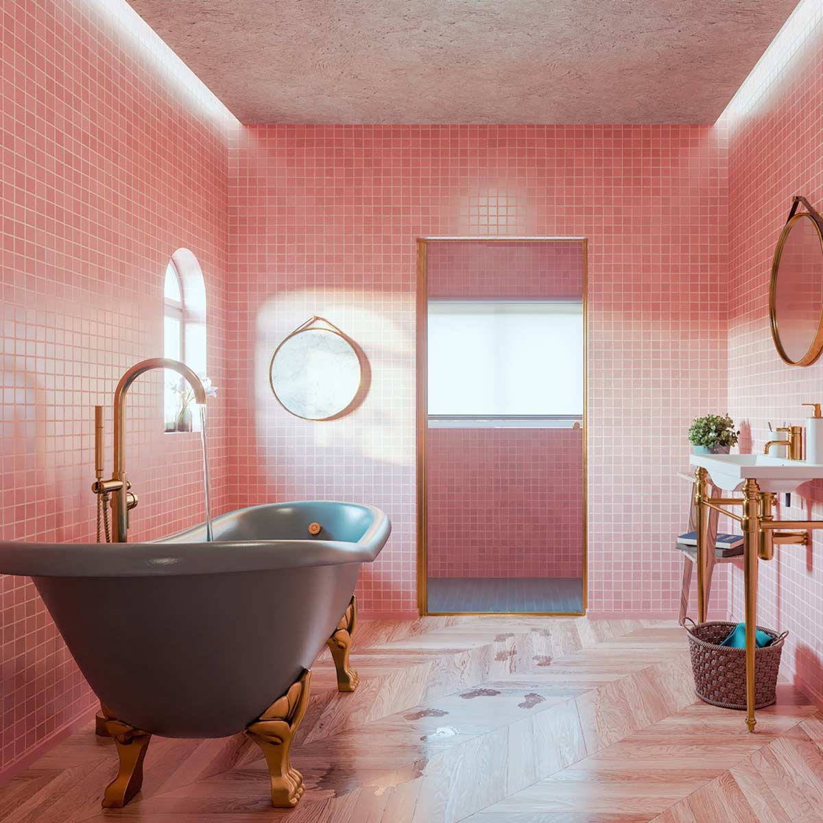 Phòng tắm theo bảng màu của Wes Anderson. Nguồn: home-designing