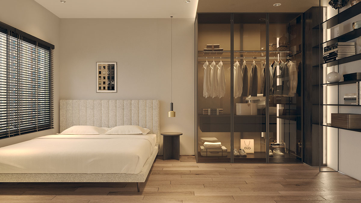 Phòng ngủ có thiết kế cân bằng về vật liệu. Nguồn: dghome