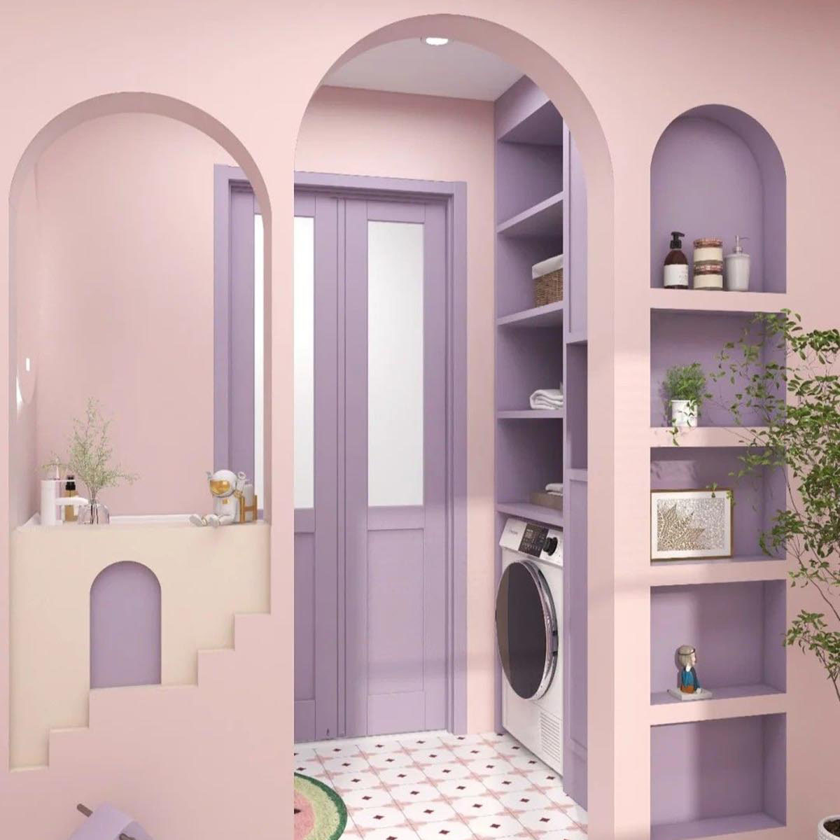 Màu tím lilac nhẹ nhàng cho phòng vệ sinh. Nguồn: Pinterest