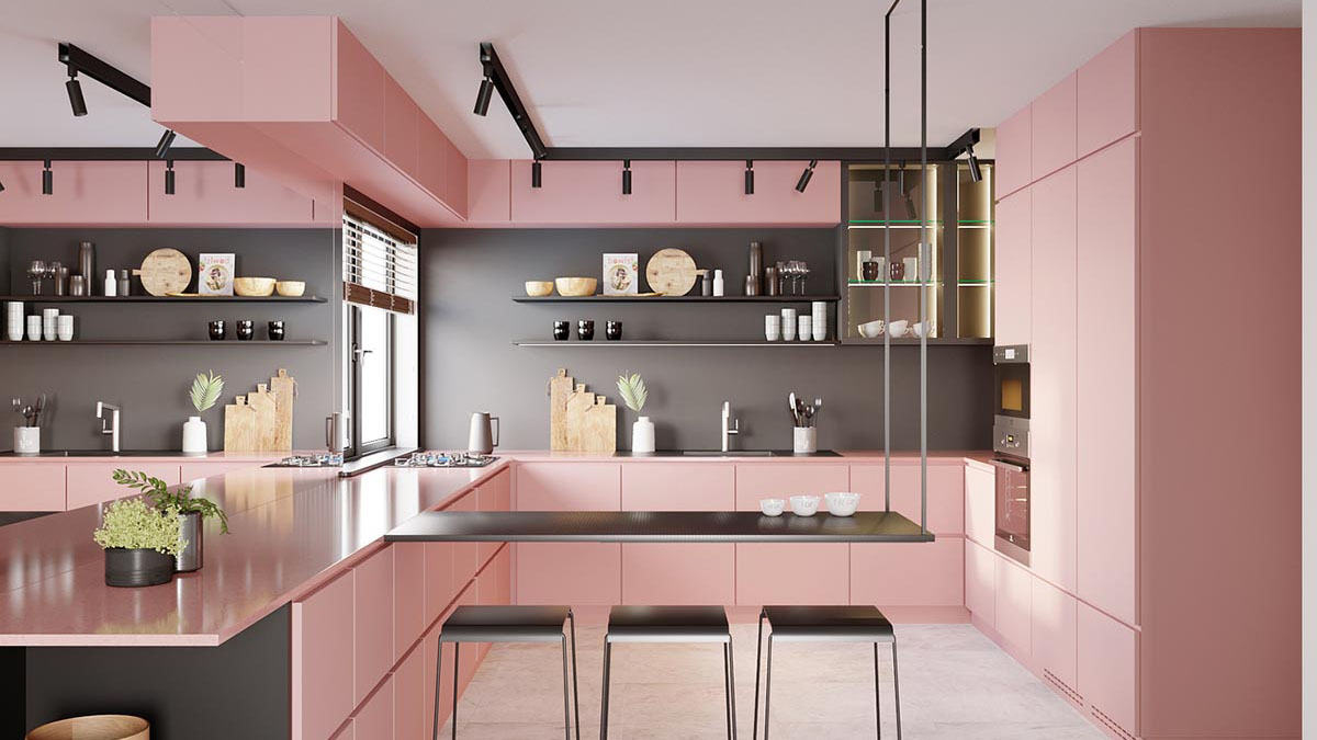 Hệ tủ bếp màu hồng nữ tính. Nguồn: Cgarchitect