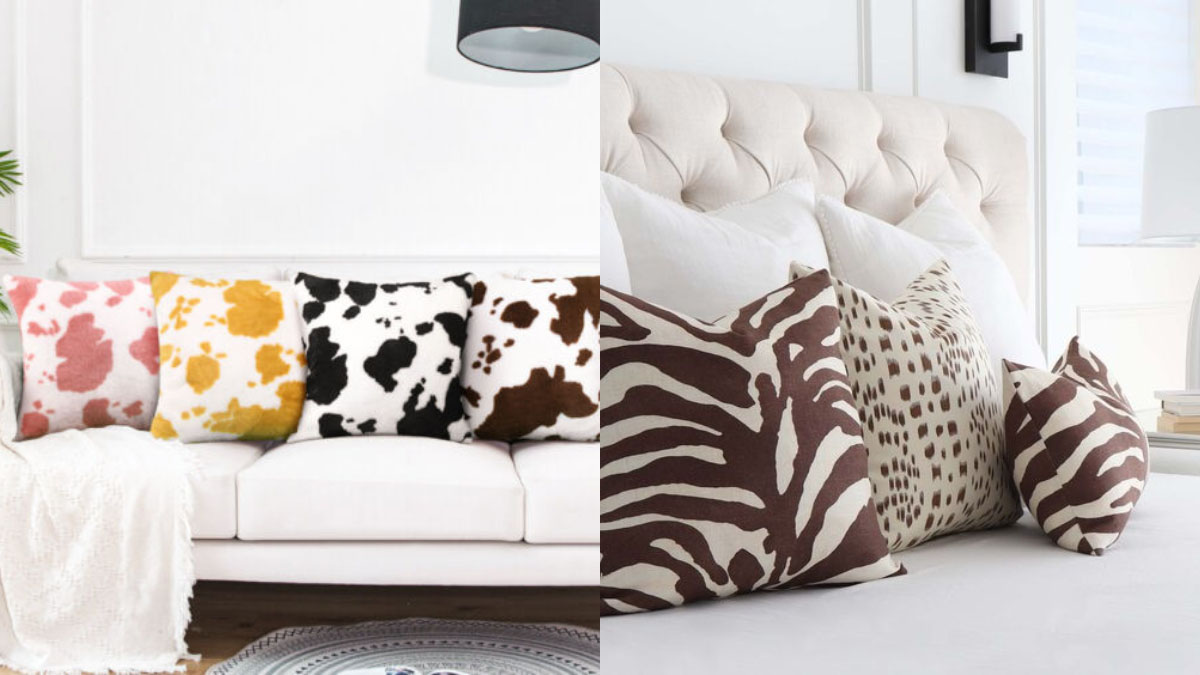 Gối sofa với họa tiết bò sữa và ngựa vằn. Nguồn: Ebay & Esty