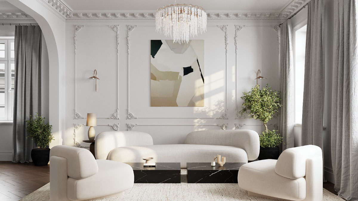 Đèn trang trí lộng lẫy làm nổi bật phòng khách.

Nguồn: home-designing.com
