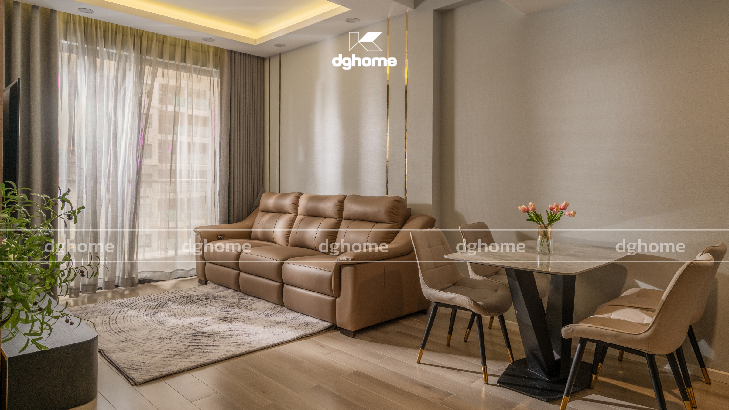 Không gian phòng khách và phòng ăn sang trọng với phong cách Modern Luxury