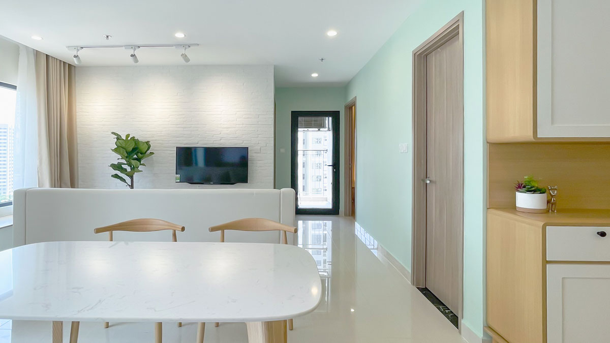 Tông xanh bạc hà kết hợp màu gỗ sáng Tông xanh bạc hà kết hợp màu gỗ sáng
