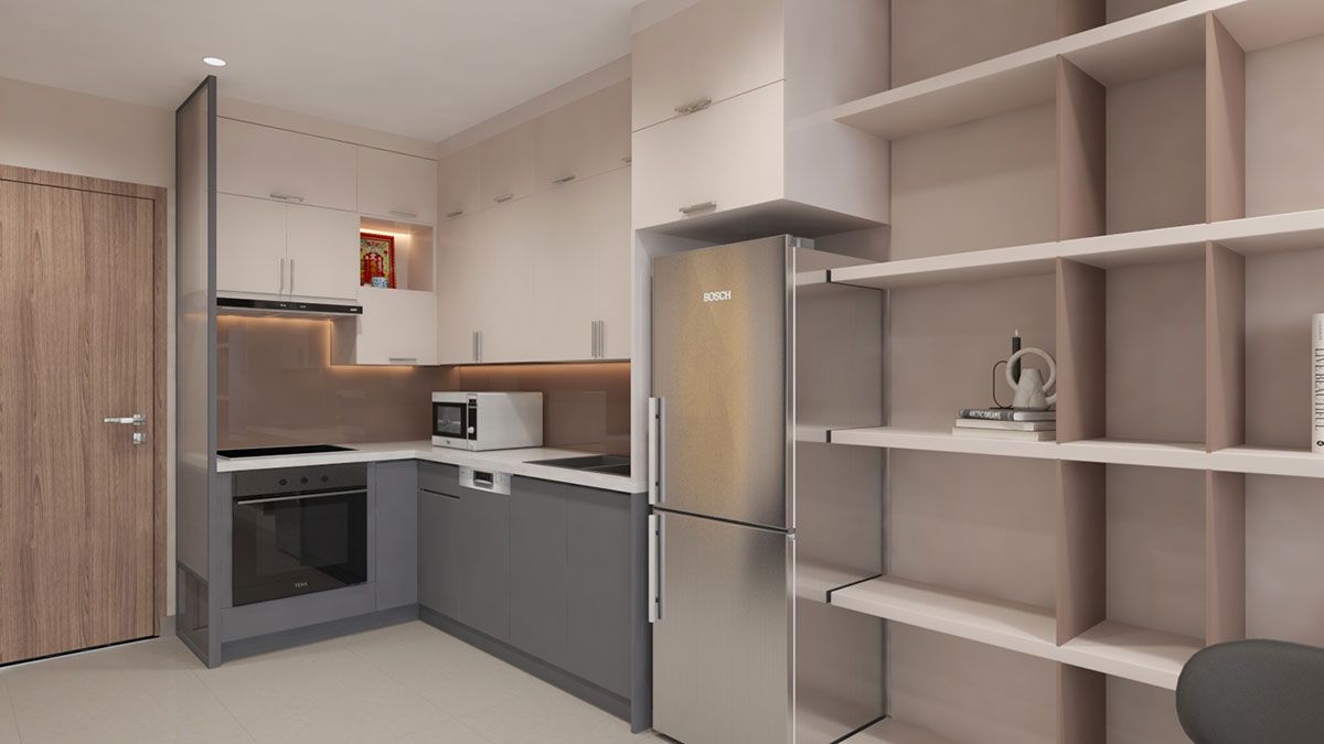 Mẫu tủ bếp L làm tăng vẻ hiện đại, sang trọng cho căn hộ