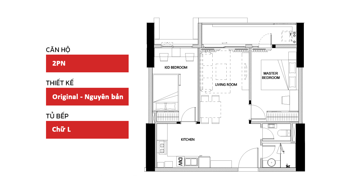 Cấu trúc thiết kế căn hộ 2 phòng ngủ. Nguồn: dghome