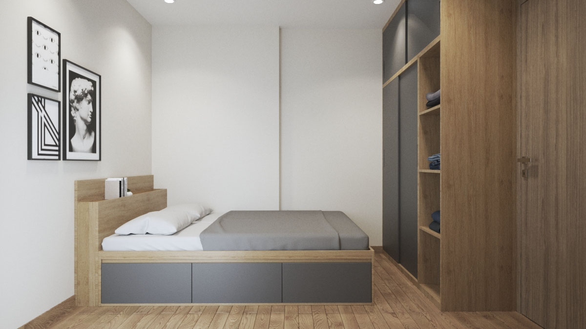 Phòng ngủ được trang bị nội thất hiện đại bao gồm giường và tủ