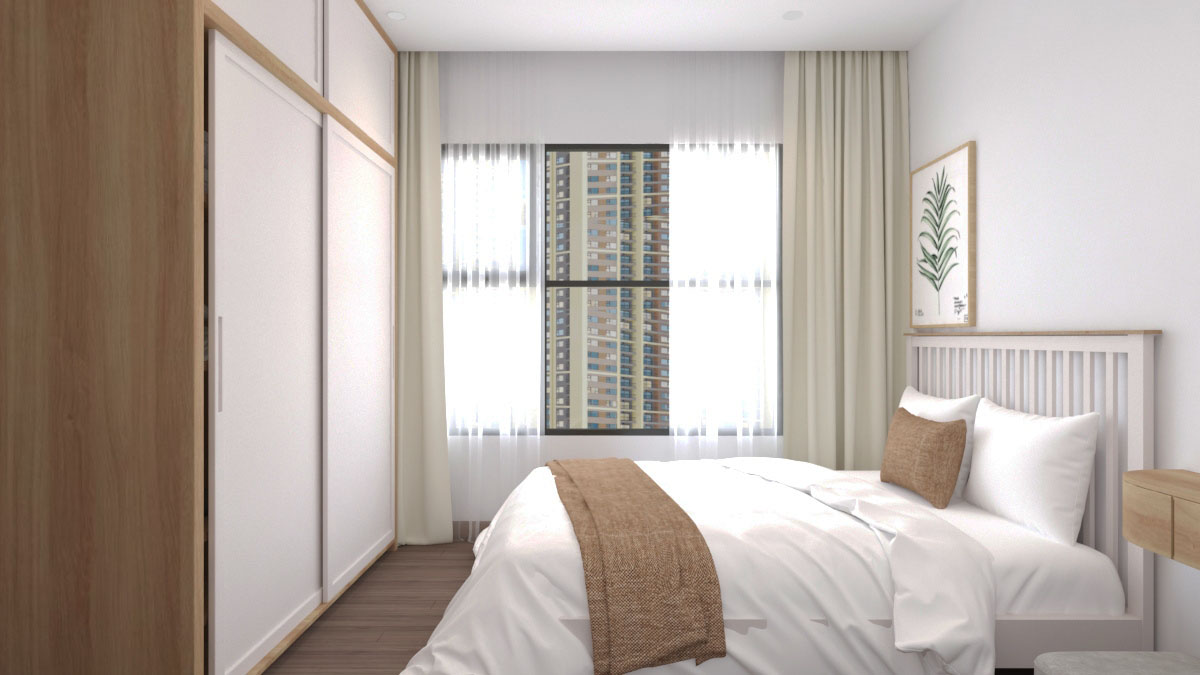 Phòng ngủ được bao bọc bởi các gam màu tinh khiết và nhẹ nhàng