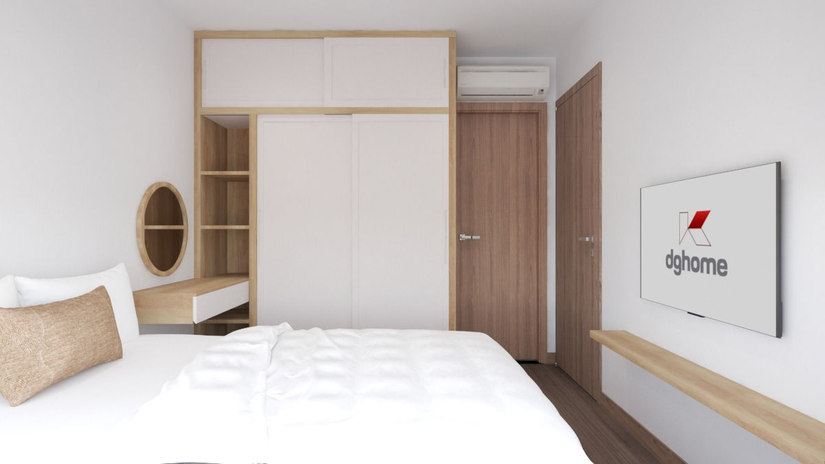 Phòng ngủ cũng được trang bị đầy đủ nội thất gỗ đặt đóng cao cấp